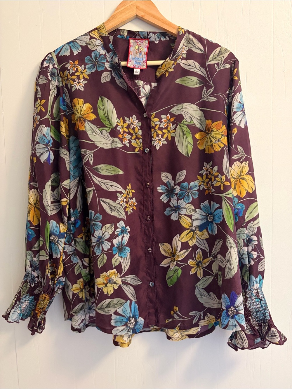 Johnny Was Women’s Size L 100% Silk Floral Blouse Plum Multicolor Print